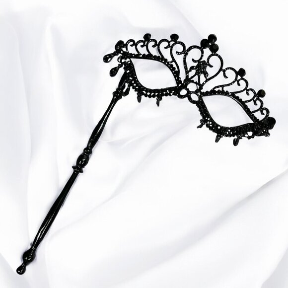 Black Masquerade Mask with Stick, Crystal Masquerade Mask, Prom Mask, Party Mask - Picture 8 of 9